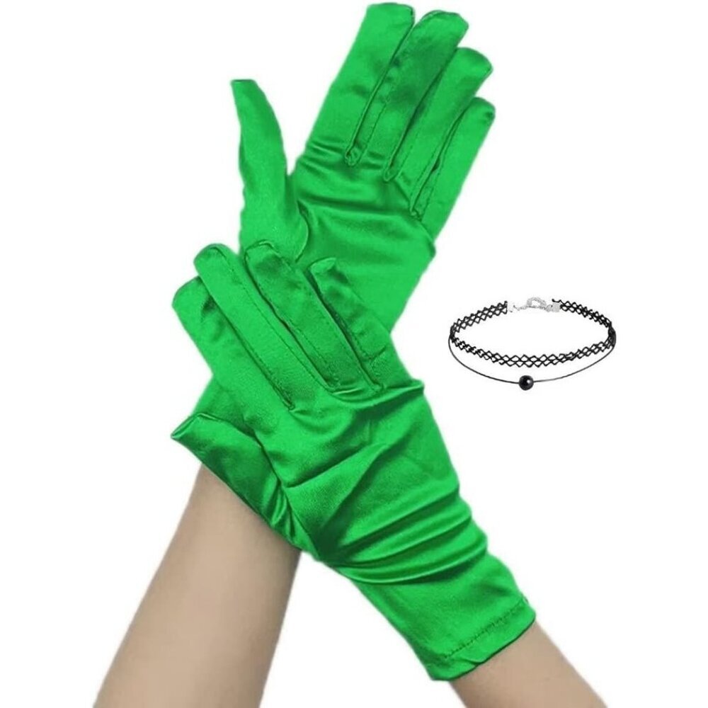 Women's Evening Green Short Satin Lace Gloves Gothic Choker Necklace design